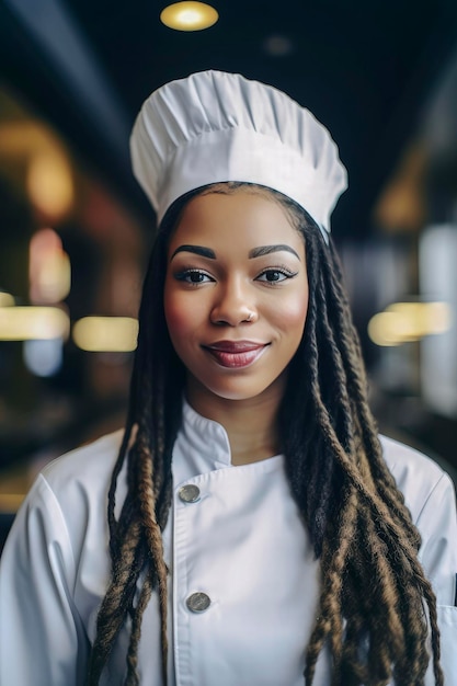 Ilustração generativa de IA de uma linda jovem negra vestida como cozinheira mostrando comida na mão