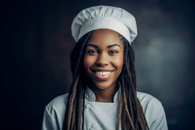 Ilustração generativa de IA de uma linda jovem negra vestida como cozinheira mostrando comida na mão