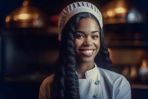 Ilustração generativa de IA de uma linda jovem negra vestida como cozinheira mostrando comida na mão