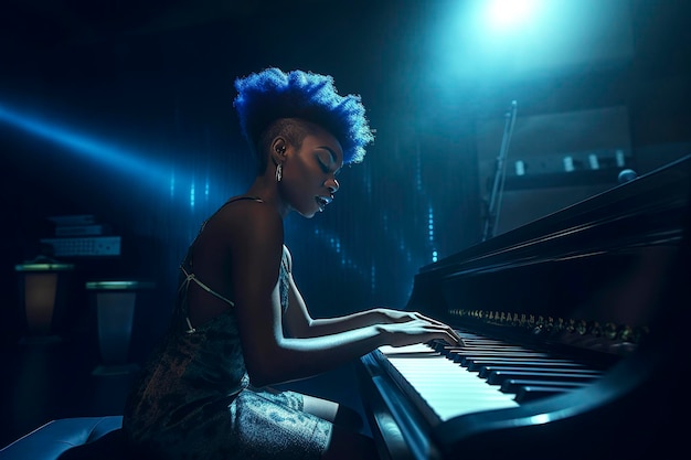 Ilustração generativa de IA de uma linda mulher negra com cabelo afro azul cantando e tocando piano em uma performance de estúdioSigner