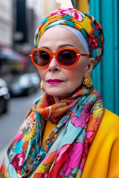 Ilustração generativa de IA de uma mulher caucasiana de 60 anos vestida de alta costura caminhando pelas ruas de Paris