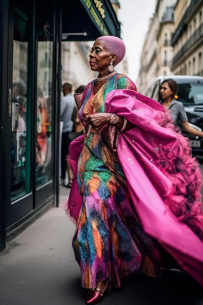 Ilustração generativa de IA de uma mulher negra de 60 anos vestida de alta costura andando pelas ruas de Paris