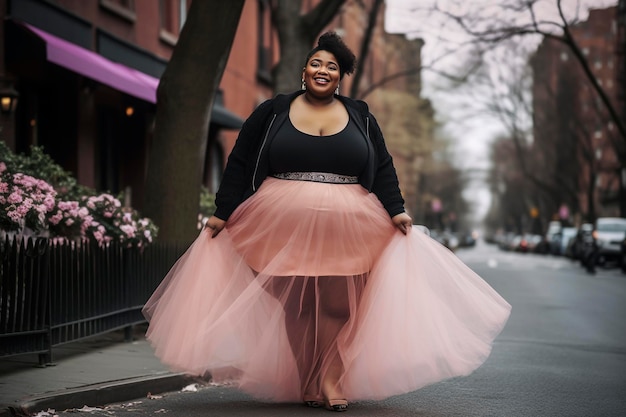 Ilustração generativa de IA de uma mulher negra linda e feliz andando pela rua com uma saia de tule rosa