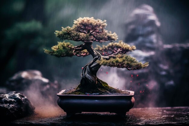 Foto ilustração generativa de ia de uma valiosa árvore bonsai centenária com fundo desfocado árvore em miniatura japonesa