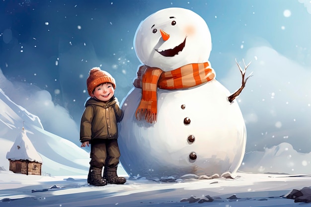 Ilustração generativa de IA do fundo do boneco de neve brincando com uma criança em um dia de inverno com neve Estilo de ilustração de arte digital Conceito de Natal