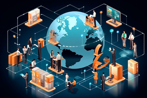 Ilustração generativa de IA do fundo do escritório com globo e computadores gerenciados por comércio eletrônicoconceito de comércio eletrônicoEstilo de ilustração