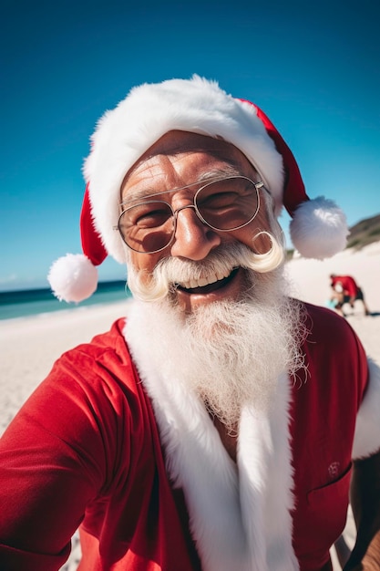 Ilustração generativa de IA do Papai Noel com óculos de sol tirando uma selfie em uma praia em um dia ensolarado nos dias de natal