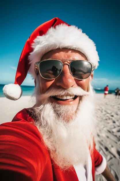 Ilustração generativa de IA do Papai Noel com óculos de sol tirando uma selfie em uma praia em um dia ensolarado nos dias de natal