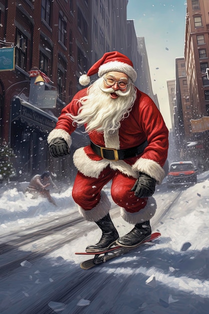 Ilustração generativa de IA do Papai Noel em um skate passeando pelas ruas de Nova York em um dia de neve Dias de Natal Arte digital