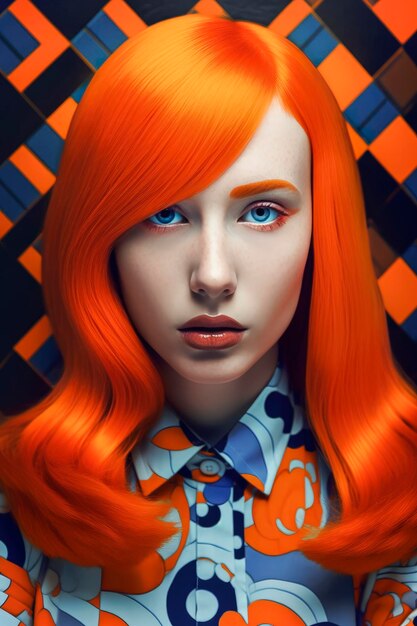 Ilustração generativa de retrato de IA de uma linda garota ruiva em estilo retrô futurista