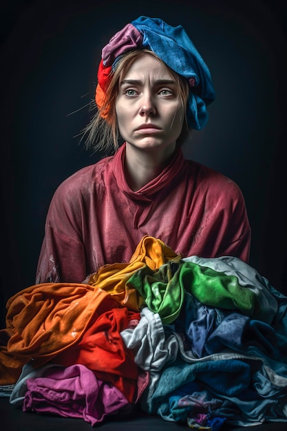 Ilustração generativa de tiro frontal de IA de mulher com rosto preocupado e gesto cercado por roupa suja