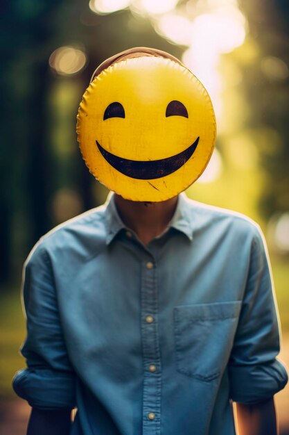 Foto ilustração generativa de um balão amarelo no rosto com um sorriso feliz em um dia ensolaradoconceito de positividade