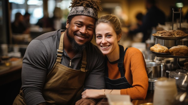 Ilustração generativa de um casal alegre trabalhando e posando para a câmera em um café