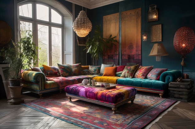 Ilustração generativa de um grande sofá de estilo boho chic com um design ousado e cores claras em veludo com estampas de flores e listras diferentes