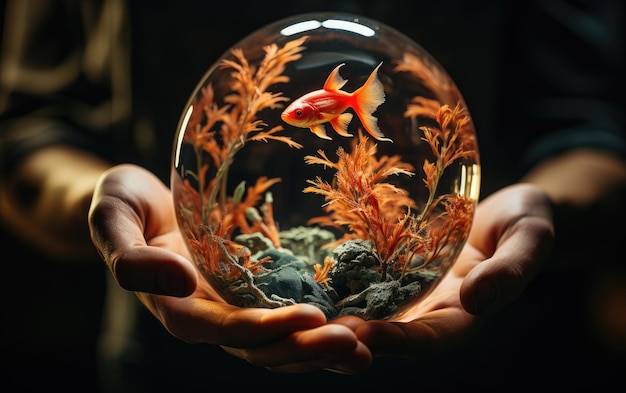 Foto ilustração generativa de uma mão humana segurando uma bola de vidro com um peixe vermelho