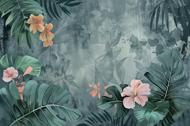 Ilustração geométrica abstrata, textura, flores, folhas, pintura acrílica