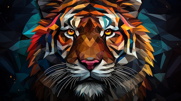 Ilustração geométrica multicolor de um tigre poligráfico colorido em fundo preto