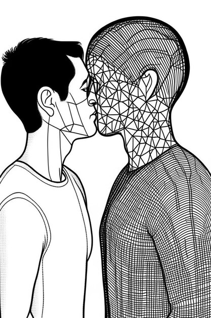 ilustração geométrica preto e branco de casal homossexual gay beijando conceito de amor lgtb