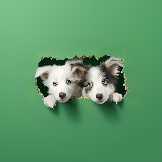 Foto ilustração geração de ia dois cachorros olham para fora de um buraco em uma parede verde