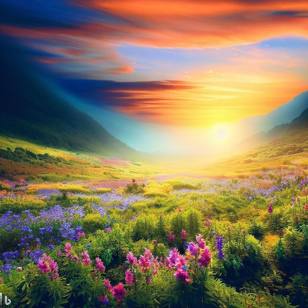 Ilustração gerada pela IA de um pôr-do-sol deslumbrante sobre uma paisagem vibrante de colinas florescentes
