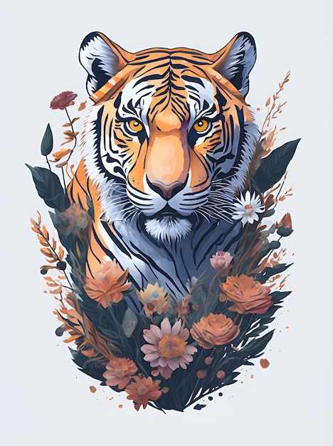 Ilustração gerada pela IA de um tigre com flores vibrantes em fundo branco