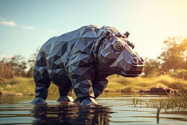 Foto ilustração gerada pela ia de uma estátua geométrica vibrante de hipopótamo em seu ambiente natural