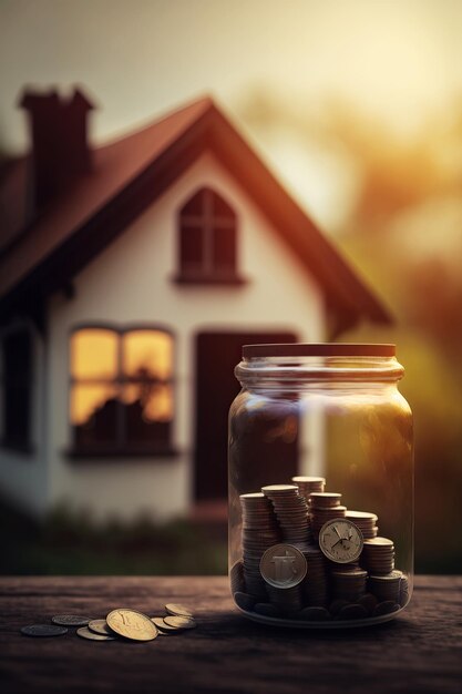 Foto ilustração gerada por ai casa modelo pequena com moedas compra e vende casa