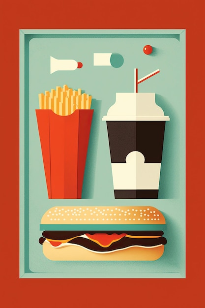 Ilustração gerada por Ai de cartaz de fast-food, bebida gelada e hambúrguer