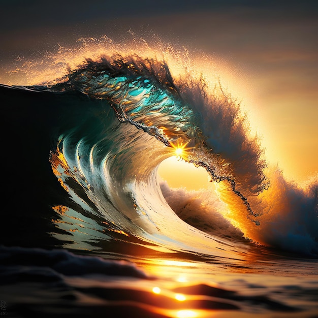 Ilustração gerada por Ai Ondulação da onda do oceano com feixe de luz solar Conceito de surf