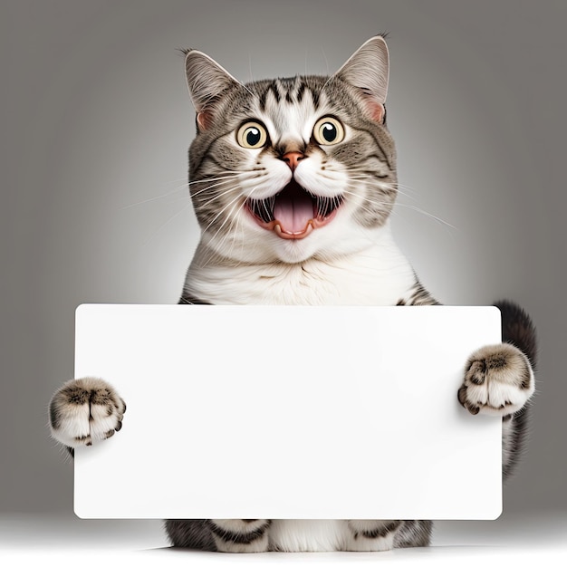 Ilustração gerada por Ai Retrato de gato engraçado parecendo chocado ou surpreso segurando um cartaz em branco