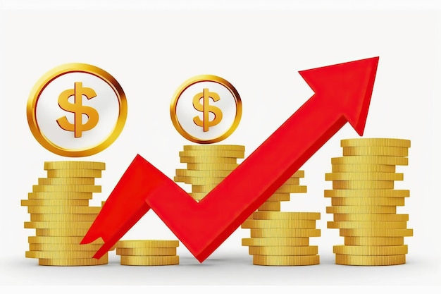 Ilustração gerada por Ai Seta vermelha para cima e pilhas de moedas em fundo branco Crescimento do sucesso financeiro