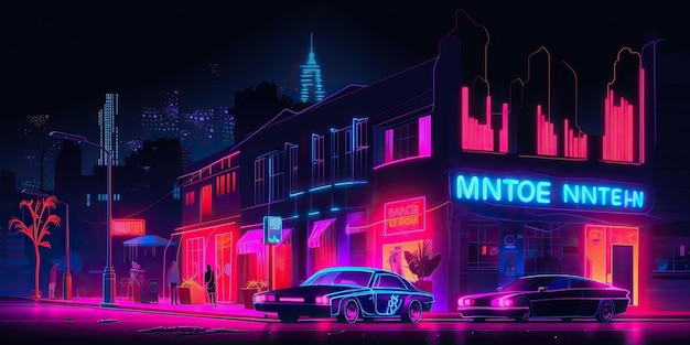 Ilustração gerada por Ai vista noturna da cidade paisagem da cidade neon luz rosa edifícios residenciais