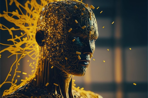 Ilustração gerada por IA da evolução do robô de inteligência artificial com circuitos expostos