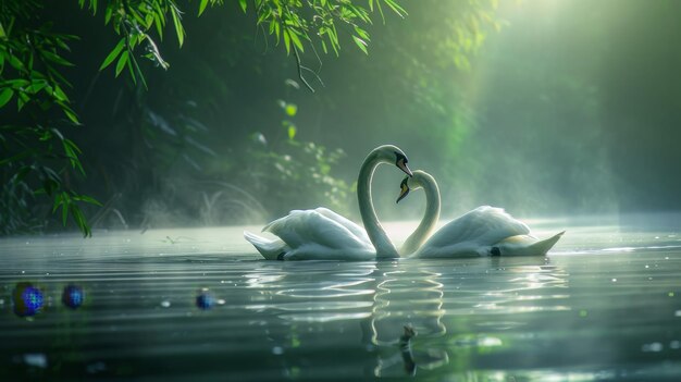 Ilustração gerada por IA de cisnes elegantes em uma lagoa serena