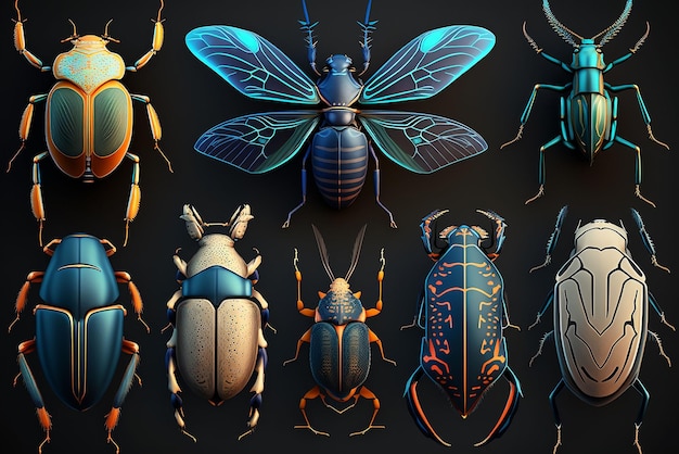 Ilustração gerada por IA de diferentes insetos coloridos contra um fundo preto sólido
