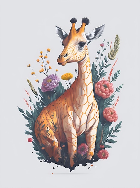 Ilustração gerada por IA de girafa com flores em fundo branco
