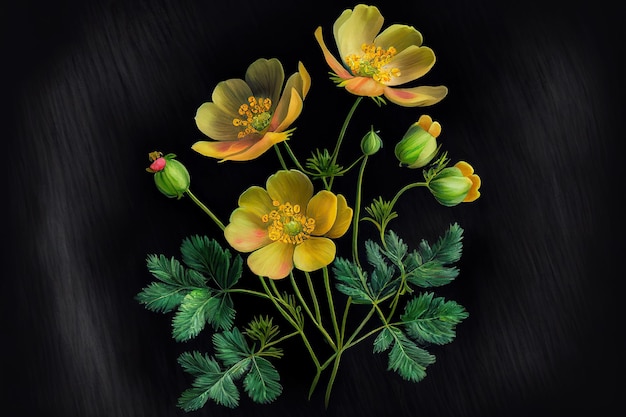 Ilustração gerada por IA de lindas flores amarelas de botão de ouro em um fundo preto.