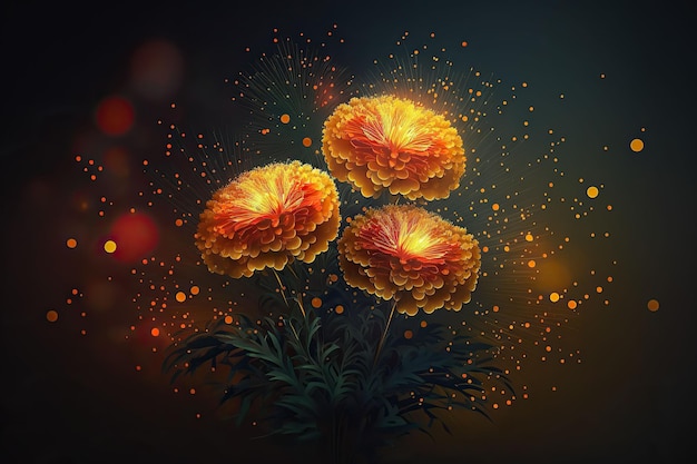 Ilustração gerada por IA de Marigolds (Tagetes) isolada em fundo escuro desfocado