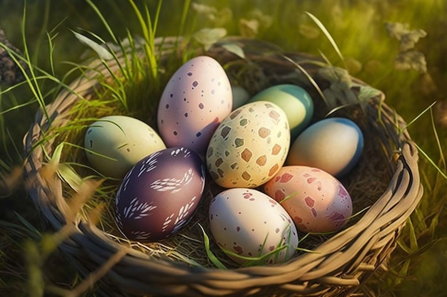 Ilustração gerada por IA de ovos de Páscoa decorados em uma cesta