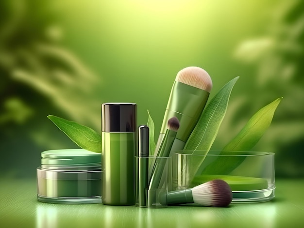 Foto ilustração gerada por ia de produtos de beleza ecológicos em fundo verde