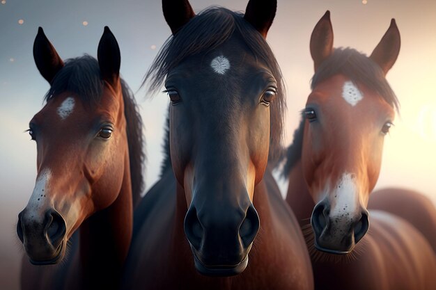 Ilustração gerada por IA de três cavalos em um campo ao pôr do sol