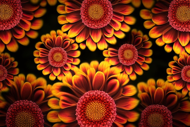Ilustração gerada por IA de um arranjo vibrante de flores vermelhas e laranja, perfeita para fundos