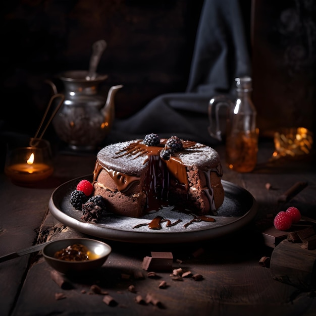 Ilustração gerada por IA de um bolo de chocolate decadente com frutas vermelhas