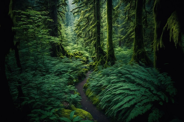 Foto ilustração gerada por ia de um caminho em uma selva verde