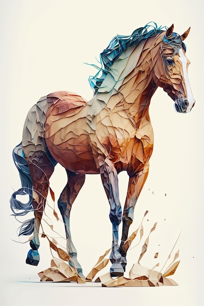 Ilustração gerada por IA de um cavalo com crina e cauda coloridas contra um fundo branco brilhante