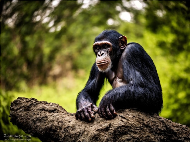 Ilustração gerada por IA de um chimpanzé empoleirado no topo de um galho de árvore.