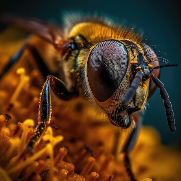 Foto ilustração gerada por ia de um close de uma abelha descansando em uma flor amarela brilhante