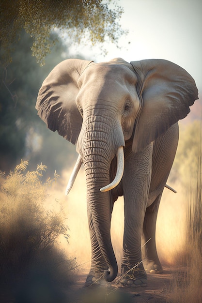 Ilustração gerada por IA de um elefante majestoso passeando tranquilamente em um prado verdejante