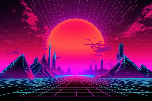 Ilustração gerada por IA de um fundo vaporwave rosa neon e azul para papéis de parede