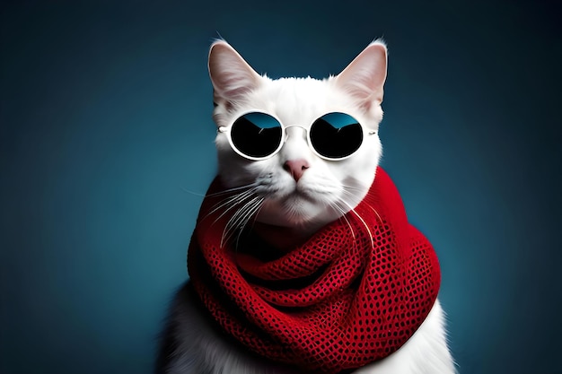 Ilustração gerada por IA de um gato doméstico branco usando óculos escuros e um lenço vermelho